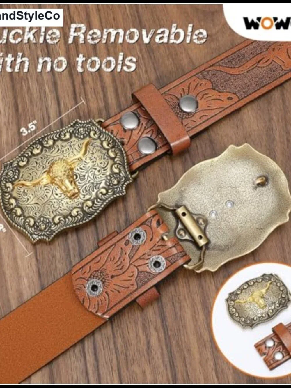 2pk PU Leather Western Belts Floral Engraved Longhorn Buckle